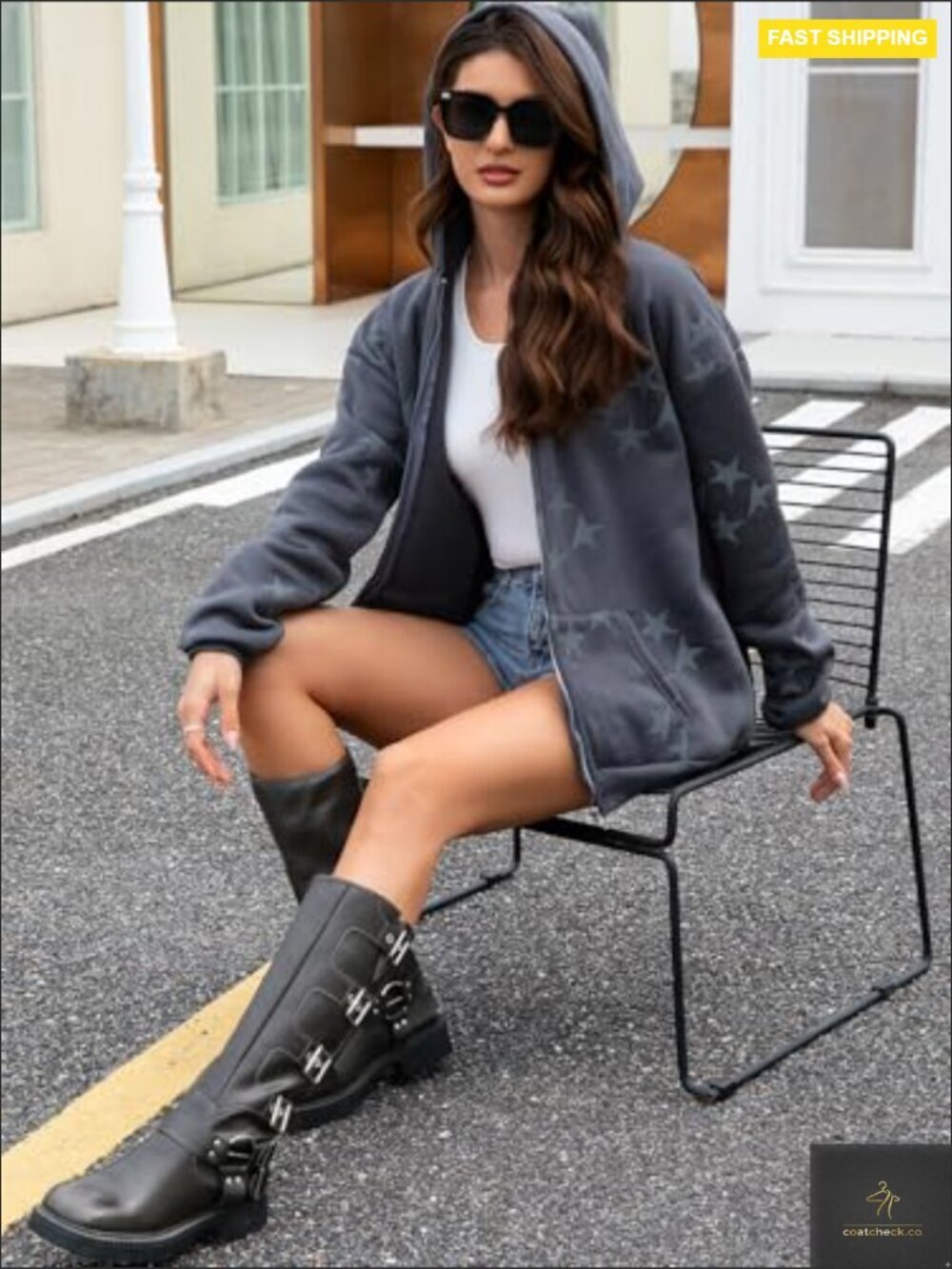 Oversized Zip Up Hoodie Y2k Star Graphic Grunge Streetwear Sweatshirt Jacket - Picture 6 of 7